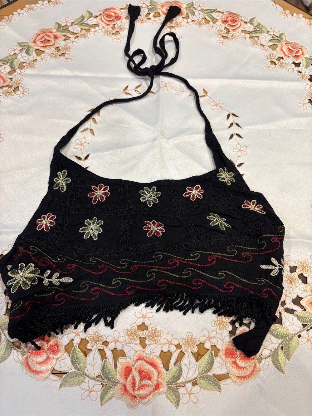 Black Embroidered Halter Crop Top with Floral Detail